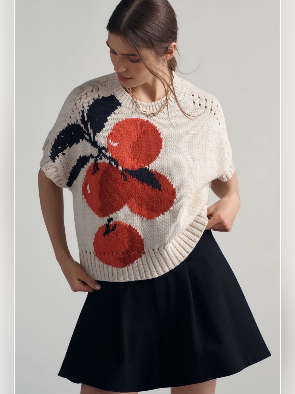 Maeve Cream Knit Crewneck Sweater with Red and Black Fruit Motif